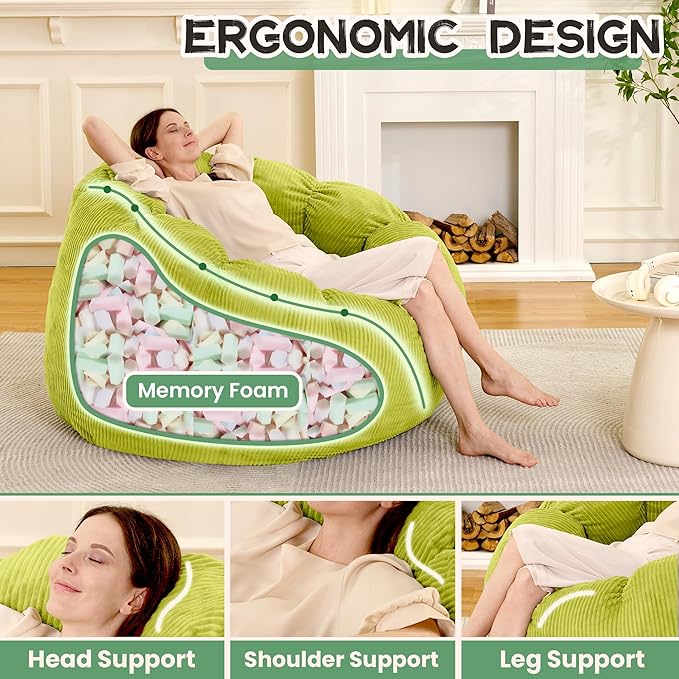 HABUTWAY Giant Bean Bag Chair for Adults/Kids/Teens, Pumpkin Bean Bag Couch Comfy Reading Chair for Bedroom, Corduroy Lazy Sofa Loughe Chair with Wider Seat Depth & Non-Slip Bottom(Light Green)