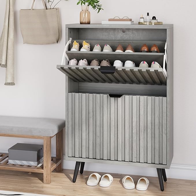 Smuxee Shoe Cabinet with 2 Flip Drawers, 23.6" Grey Hidden Shoe Storage Cabinet with Fluted Design, Freestanding Shoe Organizer Cabinet for Entryway, Hallway, Living Room, Closet