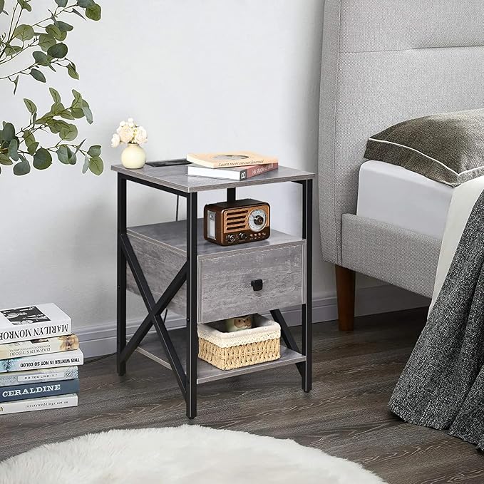 Side Tables with Wireless Charging Station, Grey End Tables Living Room with Charging, Side Tables with Wood Drawer, Night Stands with Storage for Bedroom, Bedside Tables, Living Room