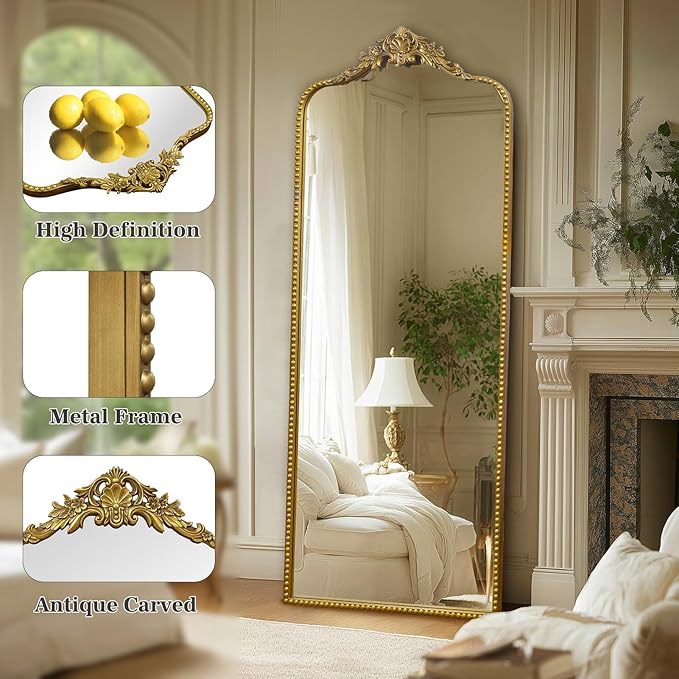 G-LEAF Vintage Baroque Full Length Floor Mirror 75"X30", Victorian Antique Mirror with Brush Gold Ornate Metal Frame for Fireplace Entryway Living Room Hallway Bathroom