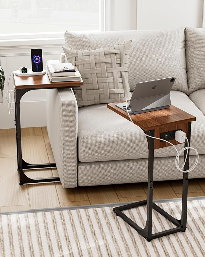 C-Shaped Side Table for Couch - Small Coffee Stand Sofa Tray Desk with Metal Frame Waterproof Scratch Resistant Wood Top and Built-in Charging Station, Rustic Walnut