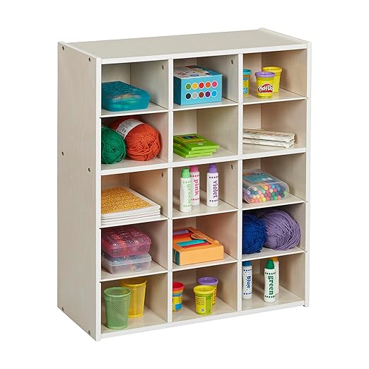 ECR4Kids Streamline 15 Cubby Tray Storage Cabinet, 5x3, Classroom Furniture, White Wash