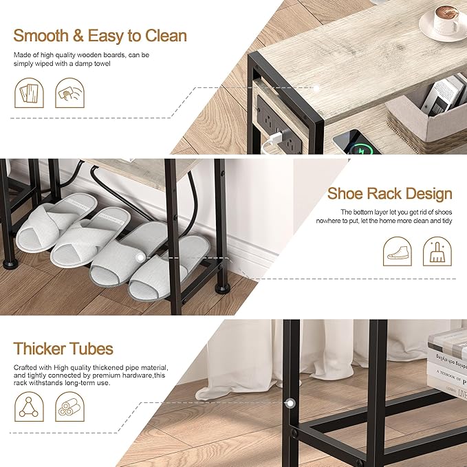 Small Narrow Side Table with Charging Station, Skinny End Table for Small Spaces, Slim Nightstand with Outlets, Sofa Bedside Table in Living Room, Bedroom, Kitchen and Balcony (Greige)