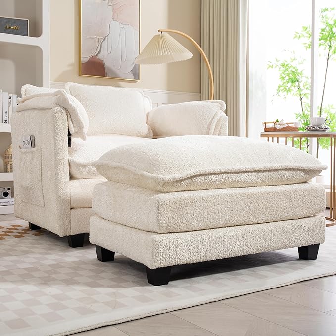 Furniliving Oversized Accent Chairs with Ottoman, Luxury Boucle Single Sofa, Upholstered Deep Seat Chaise Lounge with Pillows for Living Room, Bedroom, Apartment, Beige