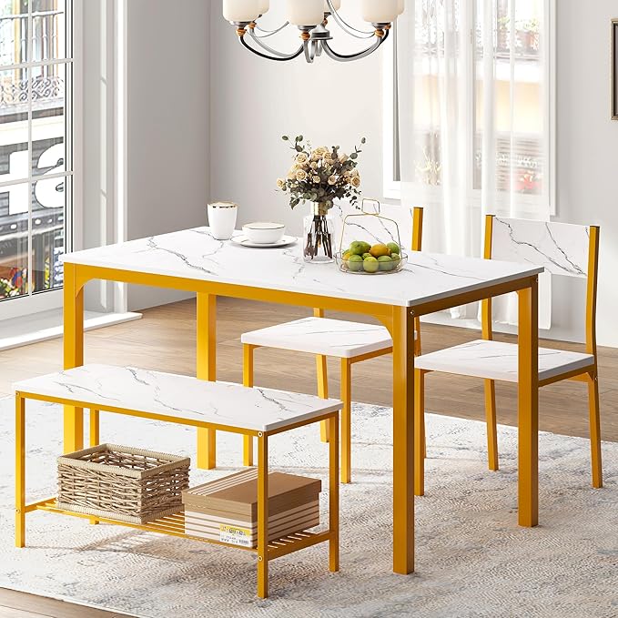 sogesfurniture 4-Piece Bench Style Dining Table Set, 4-Person Space-Saving Dinette for Kitchen，43'' Wood Kitchen Table & Chair Set for Breakfast Nook and Small Space, Glod&White