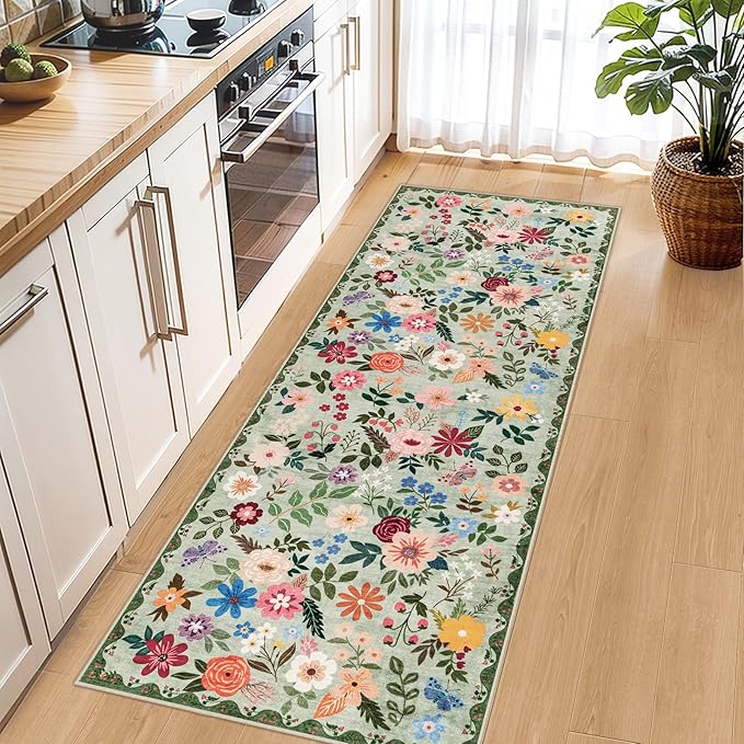 Runner Rug for Entryway: 2x10 Kitchen Rugs Non Slip Washable Ultra-Thin Soft Floral Carpet Indoor Floor Stain Resistant Carpets for Hallway Bedroom Kitchen Laundry Bathroom Dorm Green