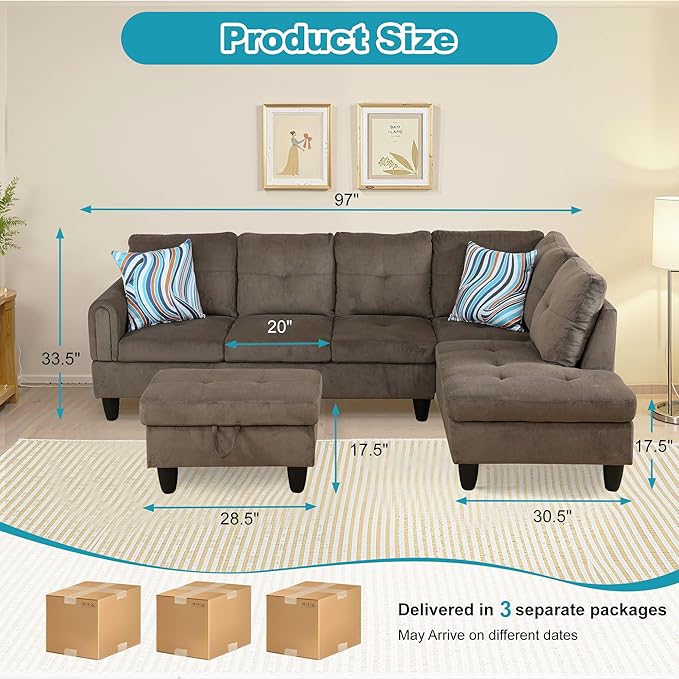 Couches for Living Room Modern L Shaped Couch Comfy Velvet Fabric 3 Pieces Sectional Sofa with Chaise, Ottoman with Storage for Office and Small Apartment, Brown Pineapple