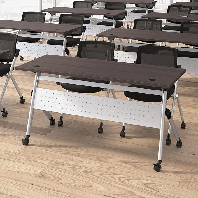 Bush Business Furniture Folding Training Table Set for 2, 60 inch, 2 Mesh Back Folding Chairs, Commercial-Grade Bundle for Office or Classroom, Envision Collection, Gray