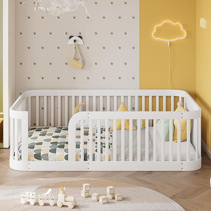 Full Floor Bed with High Fence and Rounded Corner Design, Montessori Floor Bed Frame with Guardrail and Entrance, Easy Assemble Montessori Bedd Full Size, White