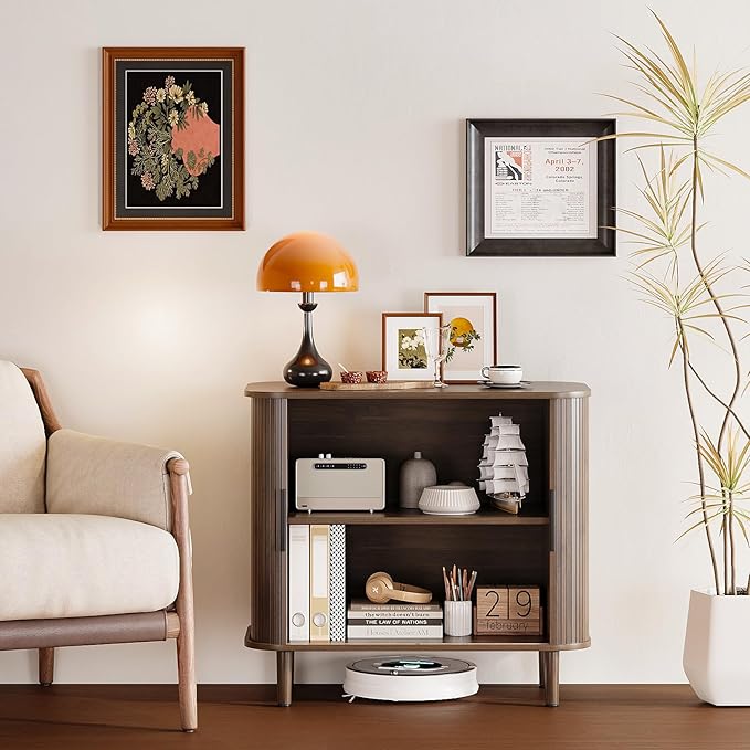 31.5" Sideboard Buffet Cabinet with Storage, Modern Walnut Accent Cabinet with Sliding Doors & Adjustable Feet, Small Credenza for Kitchen, Entryway, Living Room (Walnut, 15.8"D x 31.5"W x 29.5"H)