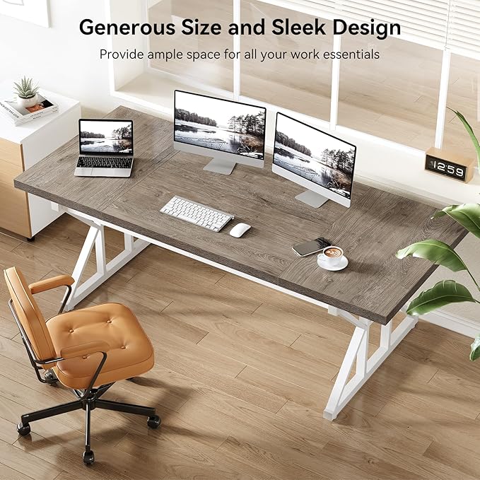 LITTLE TREE 70.8-Inch Large Executive Desk, Modern Computer Office Desk, Wooden Writing Desk Study Table for Home Office, Grey-White