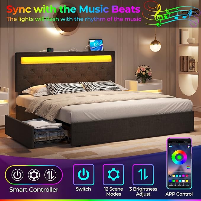 Rolanstar Twin Bed Frame with 4 Storage Drawers and Charging Station,Twin Bed with Led Lights, 2 USB & 1 Type C, Adjustable Headboard 38.9/40.8 Inches, No Box Spring Needed, Grey