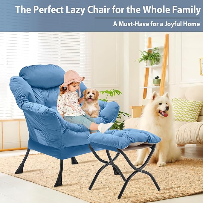 Lazy Chair with Folding Ottoman, Accent Chair Velvet Upholstered with Metal Structure and Non-Slip Pads, Sofa Armchair with Footrest and Side Storage Bag for Dorm, Room, Office, Light Blue