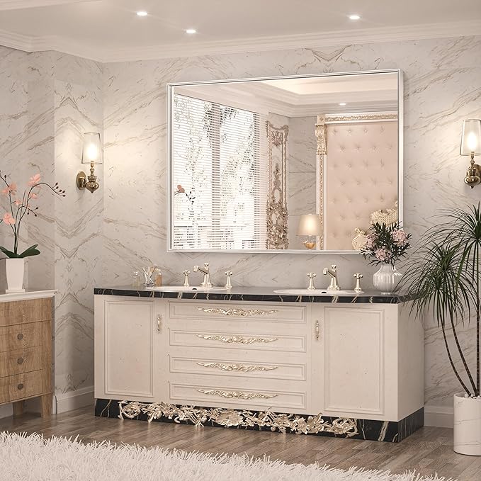 Keonjinn 48 x 36 Inch Silver Bathroom Mirror for Over Sink Large Rectangle Wall Mirror Brushed Metal Framed Square Corner Vanity Mirror Wall Mounted Rectangular Farmhouse Mirror(Horizontal/Vertical)
