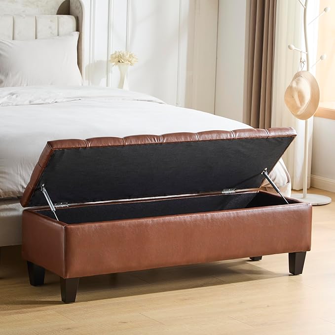 Christopher Knight Home Ottilie Faux Leather Storage Ottoman Bench, Wooden Rectangular Ottoman with Storage, Bedroom End of Bed Foot Stool, Entryway Ottoman Footrest, Living Room Extra Seat, Brown
