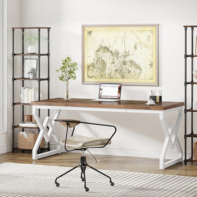 Tribesigns 63 Inch Executive Desk, Large Office Desk with Metal Frame, Ergonomic Writing Desk Computer Workstation, Modern Wood Computer Desk for Home Office, Easy Assembly (Brown+White)