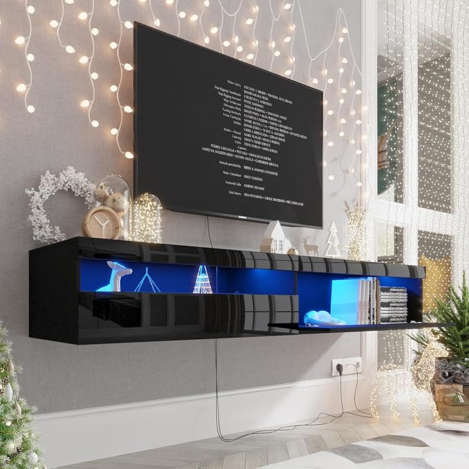 Floating TV Stand with Led Lights, 71 inch Wall Mounted TV Shelf with Power Outlet, Modern Entertainment Center Media Console with Storage Cabinet, Up to 80 Inch TVS, Black