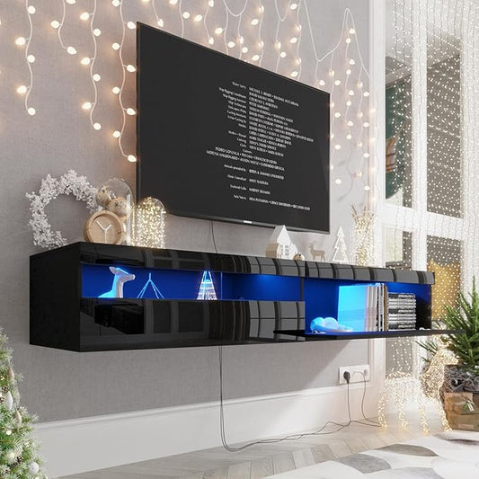 Floating TV Stand with Led Lights, 71 inch Wall Mounted TV Shelf with Power Outlet, Modern Entertainment Center Media Console with Storage Cabinet, Up to 80 Inch TVS, Black