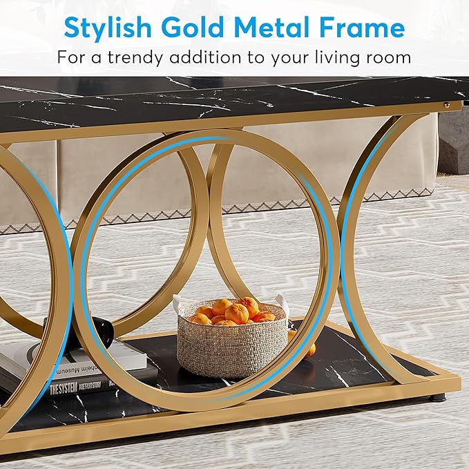 Tribesigns Rectangle Coffee Table, 47.24-inch Modern Coffee Tables for Living Room, 2-Tier Faux Marble Wood Coffee Table with Geometric Metal Legs, Furniture with Storage Shelf (Black & Gold)