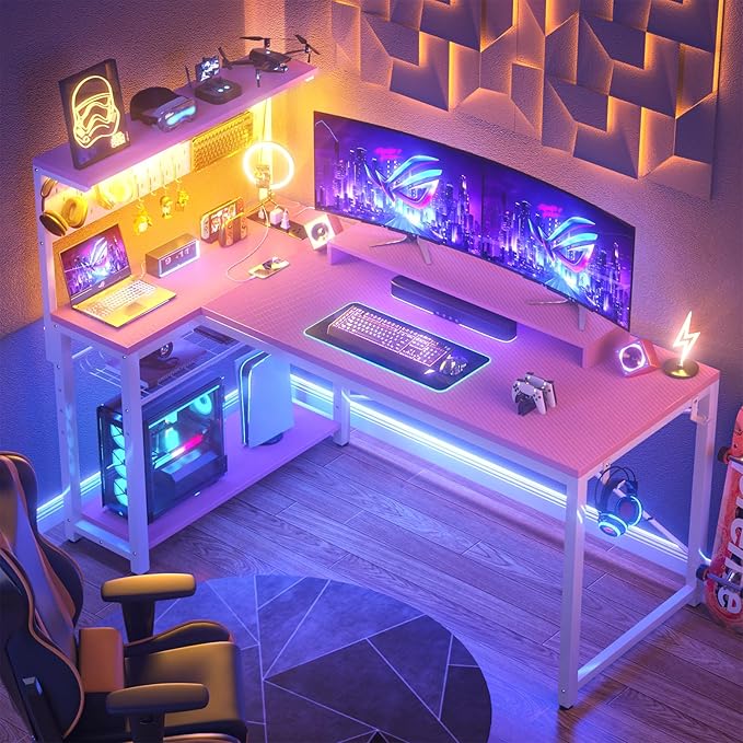 Homieasy Small Gaming Desk with Power Outlets Pegboard LED Light, 51 Inch L Shaped Computer Desk with Monitor Stand Storage Shelves, Reversible Corner Desk with Headset Hooks, Carbon Pink