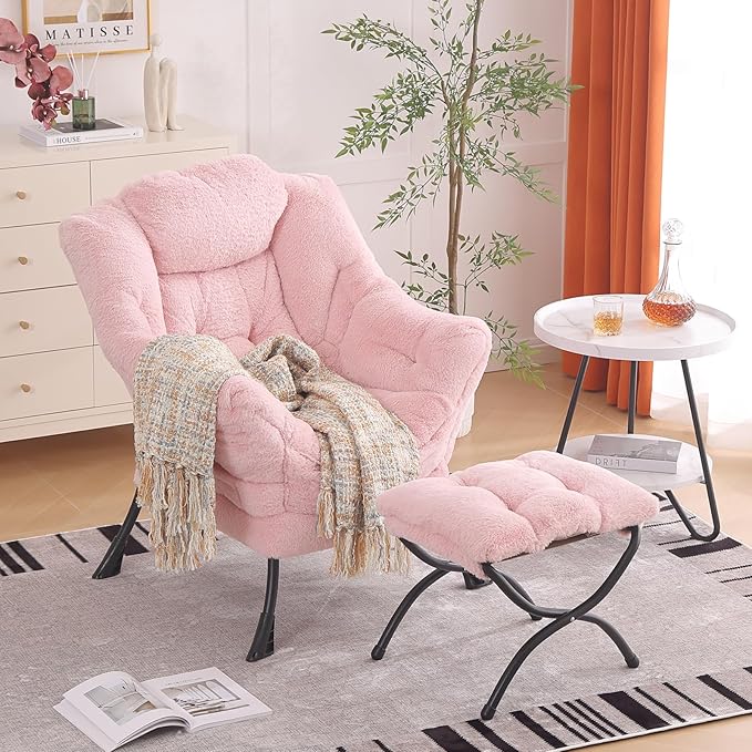 Lazy Chair with Ottoman, Modern Chair with Folding Footrest, Lounge Accent Chair, Comfortable Reading Chair, Oversized Armchairs for Bedroom, Study, Living Room(Plush Pink)