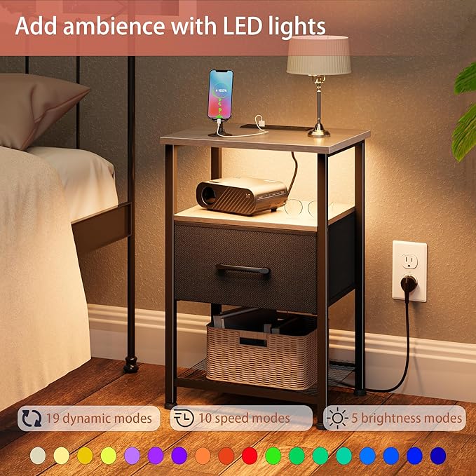Nightstands Set of 2 with Charging Station and Drawer, End Table Bedside Table with 20 Colors LED Light Strip and 2 Layers Shelf for Bedroom Living Room Sofa (Grey)