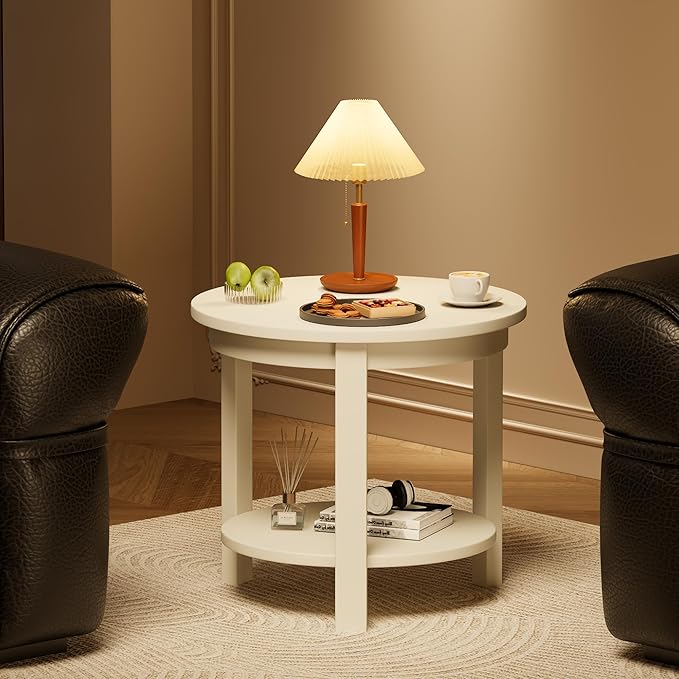Small Round Wood Coffee Table with Storage Shelf, Living Room Side Table for Couch Sofa, 22 x 20 Inches, 4-Tier Mid Century Modern Wooden End Table for Bedroom, White