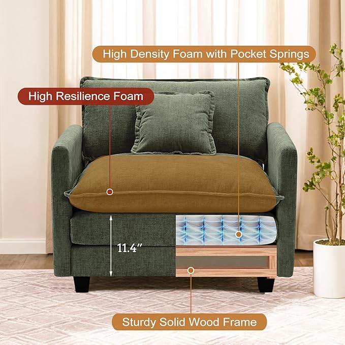 Furniliving Oversized Accent Chair with Ottoman, Luxury Chenille Single Sofa, Upholstered Deep Seat Chaise Lounge with Pillows for Living Room, Bedroom, Apartment, Green
