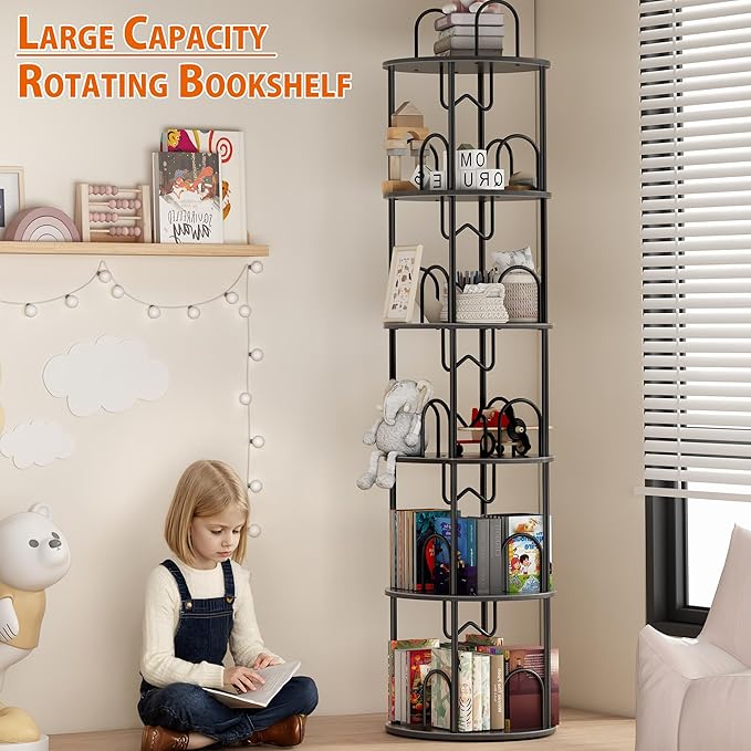 5 Tier Rotating Bookshelf, 360° Spinning Bookshelf Tower, Round Narrow Space Saving for Books and Display, Revolving Bookcase Corner Tall Book Shelf for Small Spaces, Bedroom, Living Room, Black