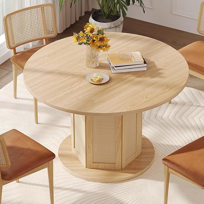 DWVO Round Dining Table for 4-6 People 47 Inch Farmhouse Kitchen Table with Rattan Circular Base Wooden Dinner Table for Dining Room Family Gathering, Natural Oak