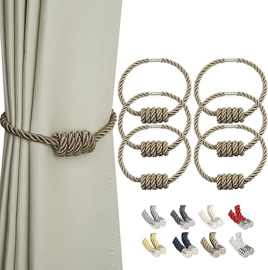 BEL AVENIR Magnetic Curtain Tiebacks, Decorative Drapery Holdbacks Modern Woven Tie-Backs with Exquisite Knot (Flaxen, 6 Pack)