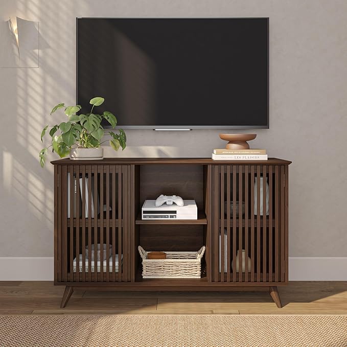 Plank+Beam Mid-Century Modern Wood TV Stand, Solid Wood Entertainment Console with Storage, 49" L x 16" W x 30" H, Walnut