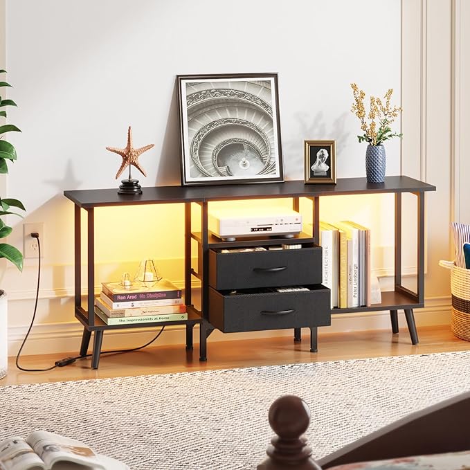Small TV Stand with Fabric Drawers/LED Light for 55 inch TV, Entertainment Center with Storage Open Shelves，Media Console Table for Living Room, Bedroom, Black