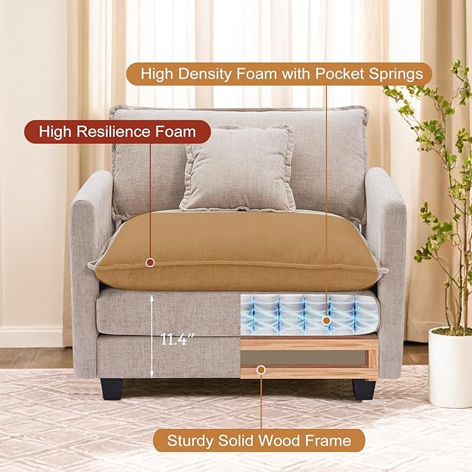 Furniliving Oversized Accent Chairs with Ottoman, Luxury Chenille Single Sofa, Upholstered Deep Seat Chaise Lounge with Pillows for Living Room, Bedroom, Apartment, Camel