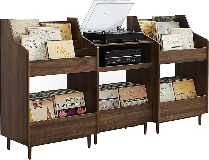 Crosley Furniture Liam 3-Piece Turntable Record Player Stand And Vinyl Storage, Mid Century Modern, Walnut