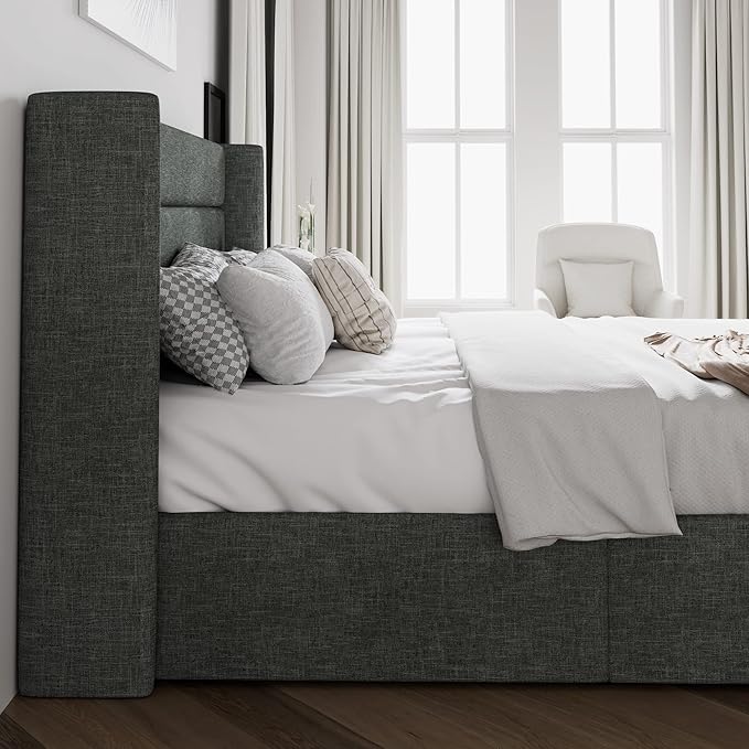 SHA CERLIN Full Size Lift Up Storage Bed/Modern Wingback Headboard/Upholstered Platform Bed Frame/Hydraulic Storage/No Box Spring Needed/Wood Slats Support/Dark Grey