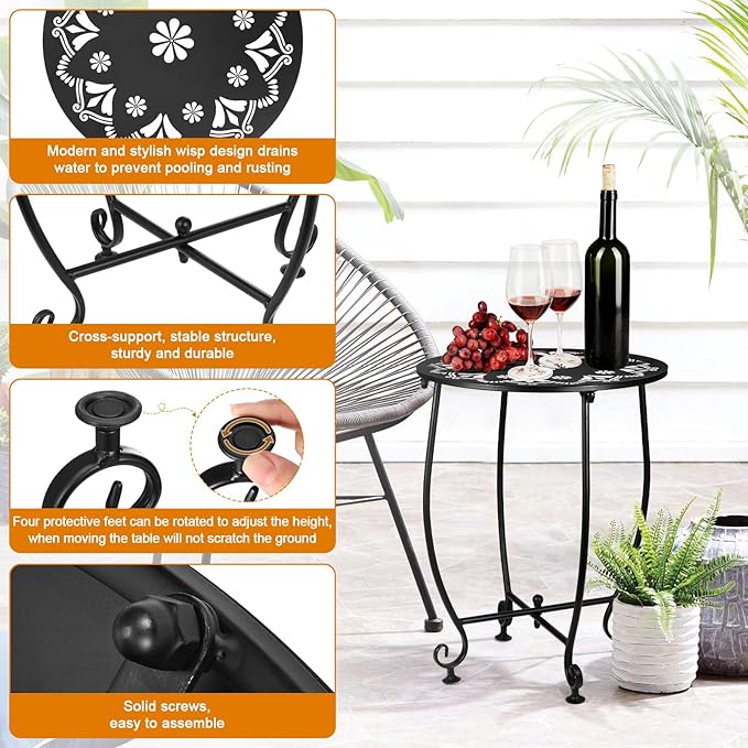 2 Pack Outdoor Side Tables for Patio, Weather Resistant Steel Patio Side Table, Small Round Outdoor End Table Metal Side Table for Patio Yard Balcony Garden Black (Flowers)