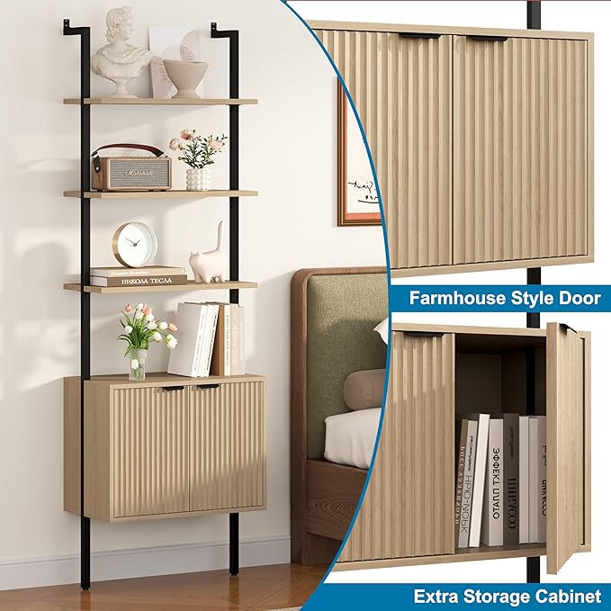 Yusong 73" Tall Bookshelf with Cabinet, Industrial Ladder Wall Mount Shelf Bookcase with Wood and Metal Frame, Plant Shelf Wall Storage Display for Living Room Bedroom, Wavy Light Ivory