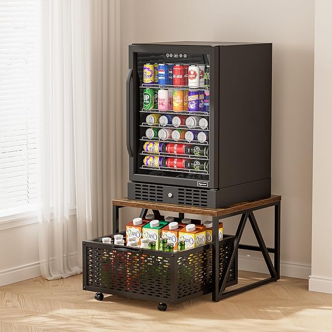 Urban Deco Mini Fridge Stand with Storage, Heavy Duty Fridge Cart with Drawer Basket, Mini Refrigerator Table for 220 LBS, Mobile Fridge Stand with Swivel Wheels for Dorm,Office,Home, Retro Brown