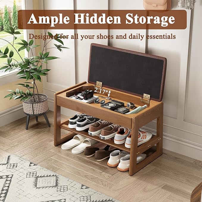 Shoe Rack Bench Seat Rubberwood 2-Tier Wooden Storage Bench 550lbs Compact Mid-Century Modern Design for Entryway, Hallway, Closet, Front Door Entrance, Foyer