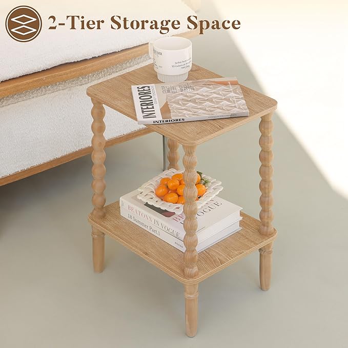 Small End Table, Couch Side Table with 2-Tier Storage Shelf, Wood Coffee Table for Bedroom, Living Room, Small Spaces (Rustic Walnut)
