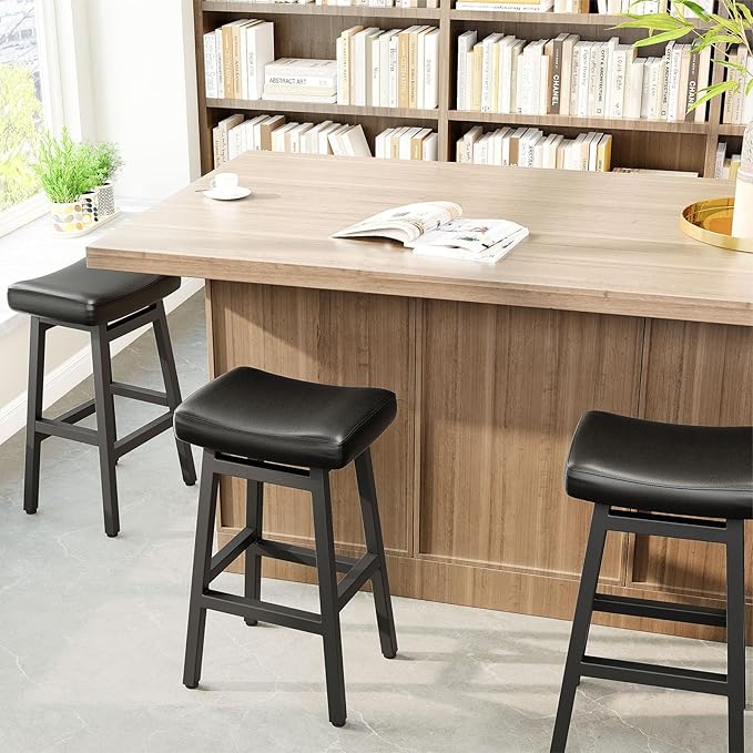 29 Inches Bar Stools Set of 2, Bar Height Barstools for Home Counter, Blackless Barstool with Bonded Leather Saddle Seats & Heavy Duty Metal Legs, Easy Assembly, Brown/Black