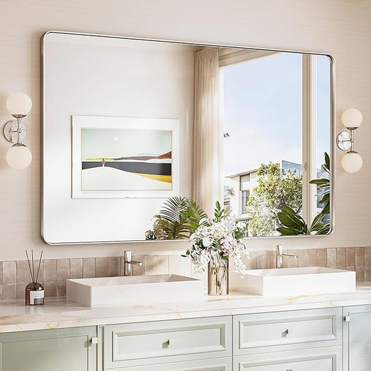TokeShimi Brushed Nickel Vanity Mirror 60x36,Bathroom Mirror Framed Aluminum,Tempered Glass,Rectangle Mirror for Bathroom,Shatterproof Bathroom Wall Mirror(Horizontal/Vertical)