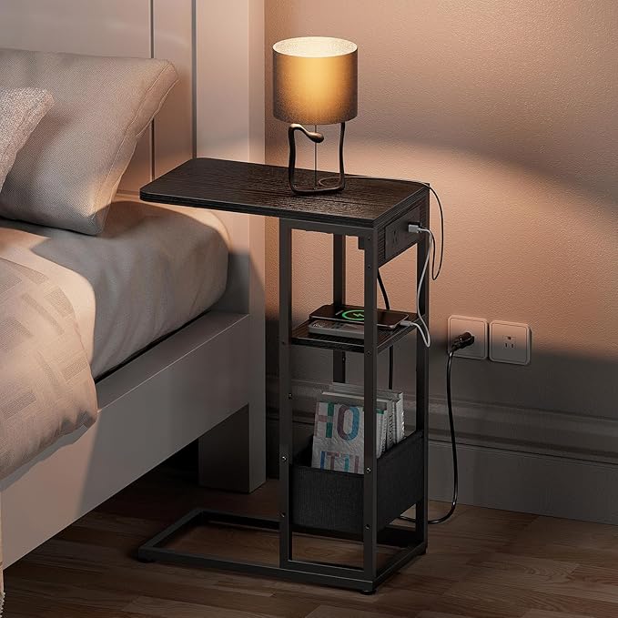 C Shaped End Table with Charging Station, Small Side Table for Couch Recliner, Slide Under Sofa Desk Snack Tables with Storage Bag & AC / USB Outlet, Small Spaces Drink Tables for Living Room, Bedroom