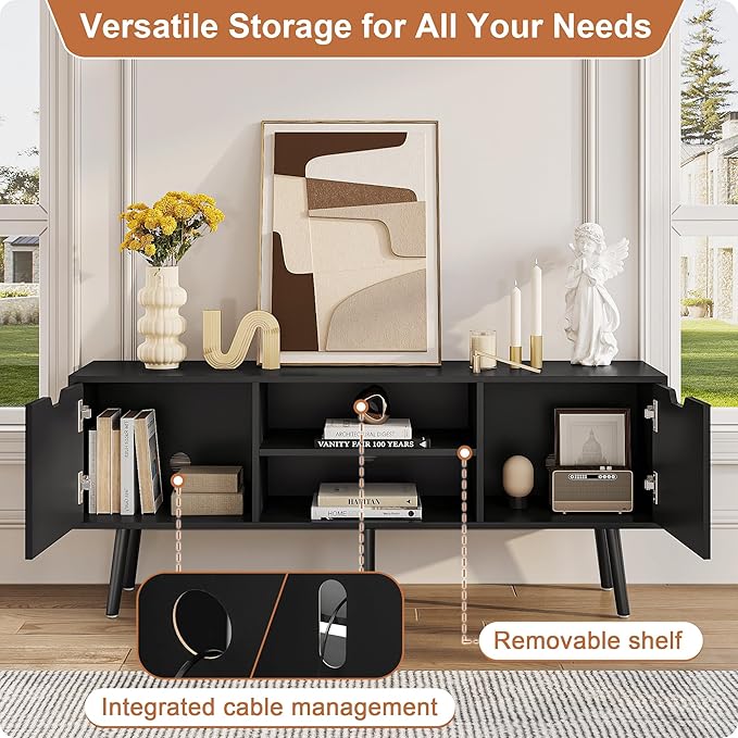 ALINE FURNITURE Black TV Stand for 50 55 60 inch TVs - Media Console with 2 Cabinets & Open Shelves, Solid Wood Legs - TV Consoles for Living Room - 22" H Entertainment Center for Bedroom