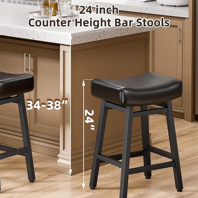 Counter Height Bar Stools Set of 2, 24 Inch Backless BarStools for Kitchen Island Leather Saddle Bar Chairs Kitchen Stools with 4" Thick Seats & Heavy Duty Metal Base, Black