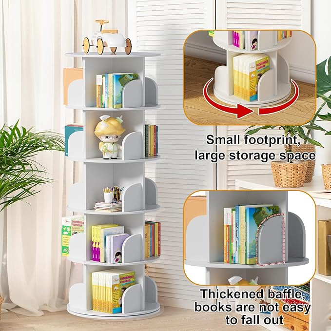jxgzyy 5 Tier Rotating Bookshelf 62.6x18.1x18.1 Inch Corner Book Shelf 360° Display Spinning Bookcase Space-Saving for Bedroom, Living Room, Study, White