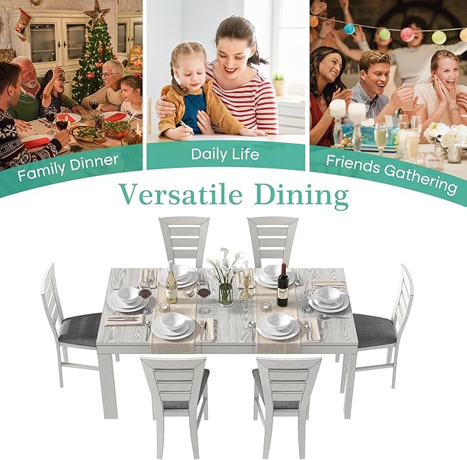 6-Piece Solid Wood Dining Table Set for 6, Modern Breakfast Dinette Extendable Kitchen Table with Chairs for Dining Room, Kitchen, Grey