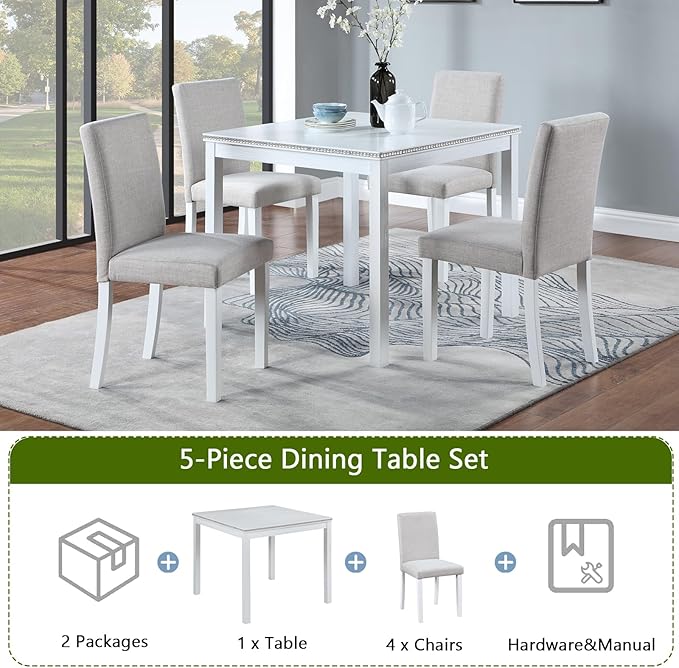 KEIKI 5-Piece Standard Height Dining Table Set with Square Table and 4 Upholstered Chair, for 4 Person, Modern Style Crystal Decoration Wood Table Set, Easy Assembly, for Kitchen, Dining Room, White