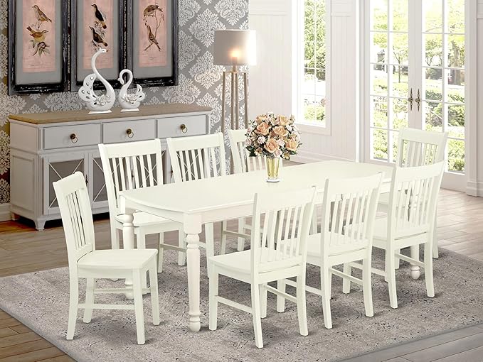 East West Furniture DONO9-LWH-W 9 Piece Dining Table Set Includes a Rectangle Dinner Table with Butterfly Leaf and 8 Dining Room Chairs, 42x78 Inch, Linen White